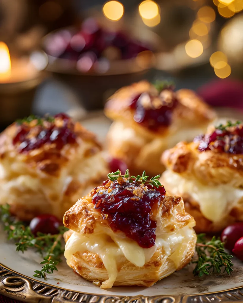 Baked Cranberry Brie Bites made with puff pastry, melted brie cheese, and cranberry sauce topped with herbs