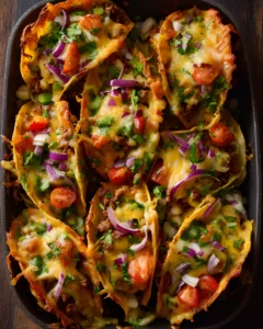 Baked tacos recipe with crispy shells filled with seasoned beef, melted cheese, tomatoes, and fresh herbs