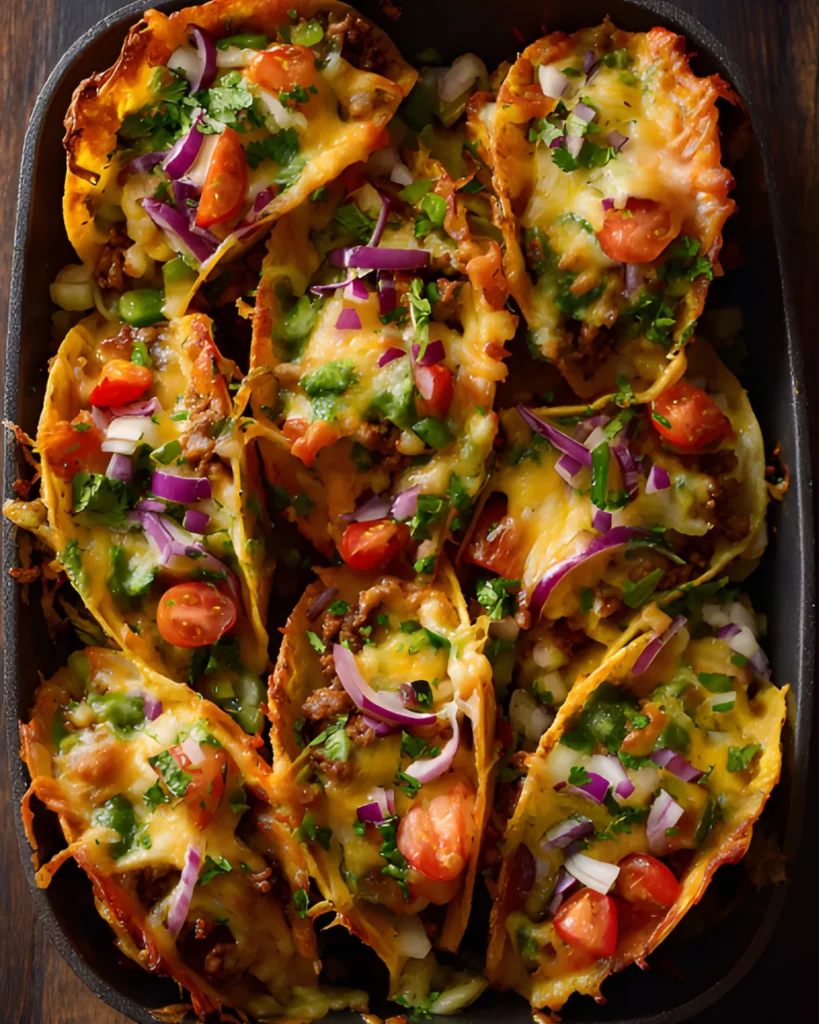 Baked tacos recipe with crispy shells filled with seasoned beef, melted cheese, tomatoes, and fresh herbs