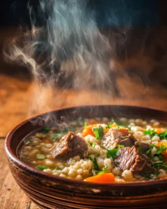 Beef Barley Soup Recipe served in a rustic bowl with tender beef chunks, barley, carrots, and herbs steaming hot