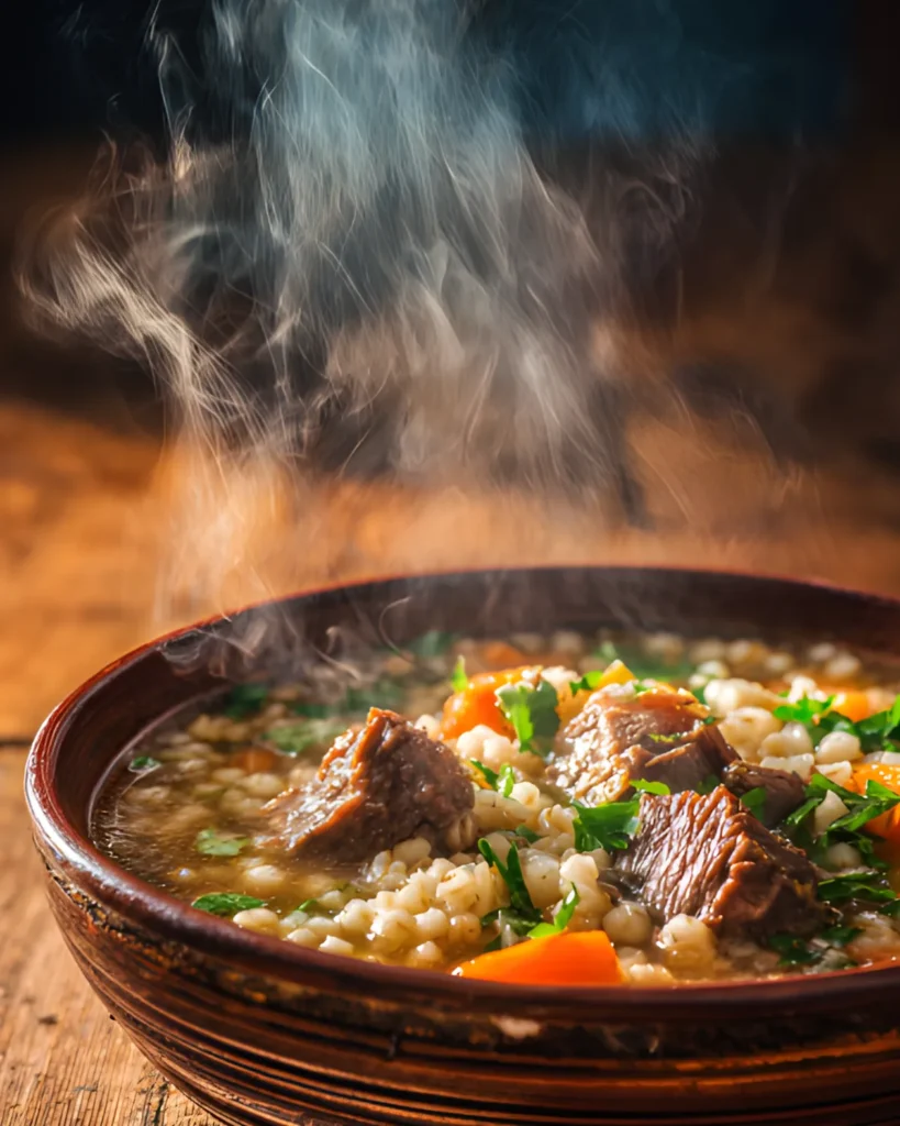 Beef Barley Soup Recipe served in a rustic bowl with tender beef chunks, barley, carrots, and herbs steaming hot