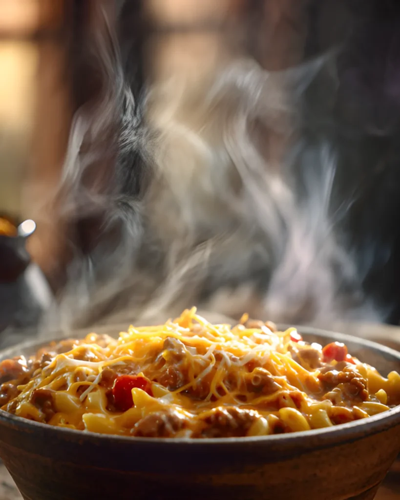 Best Chili Mac Recipe with melted cheese, ground beef, pasta, and rich tomato chili sauce in a steaming bowl