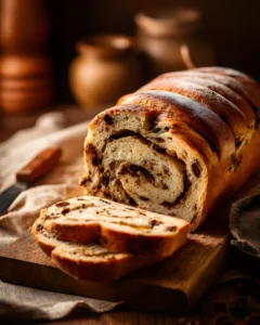 Best Cinnamon Raisin Bread Recipe freshly baked sliced loaf with swirls of cinnamon and raisins on rustic wooden board