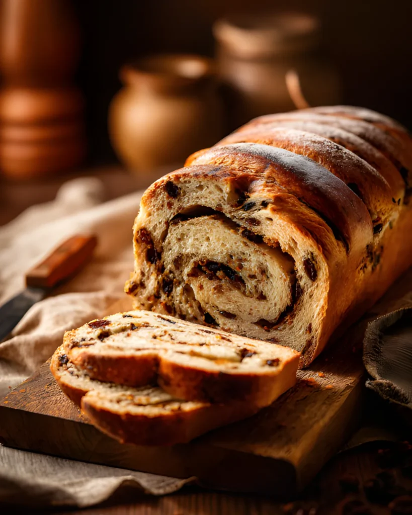 Best Cinnamon Raisin Bread Recipe freshly baked sliced loaf with swirls of cinnamon and raisins on rustic wooden board