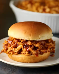 Delicious pulled chicken on a bun with BBQ sauce – Best Crockpot BBQ Chicken Sandwich.