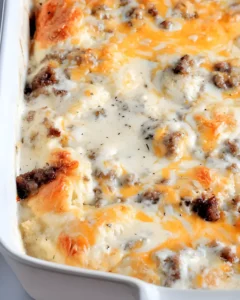 Biscuits and gravy casserole recipe with sausage chunks and melted cheese baked until golden and creamy