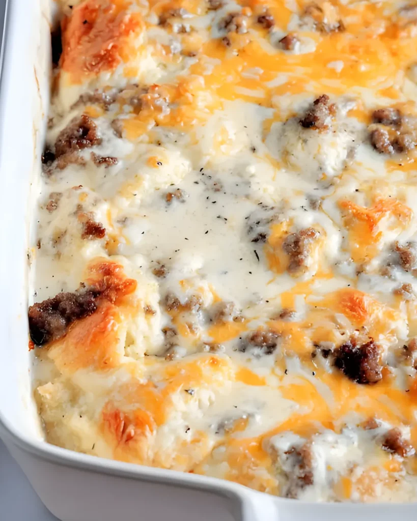 Biscuits and gravy casserole recipe with sausage chunks and melted cheese baked until golden and creamy