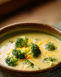 Broccoli Soup Recipes featuring a creamy broccoli cheddar soup served in a rustic bowl with fresh broccoli florets