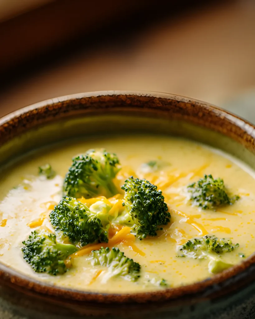 Broccoli Soup Recipes featuring a creamy broccoli cheddar soup served in a rustic bowl with fresh broccoli florets