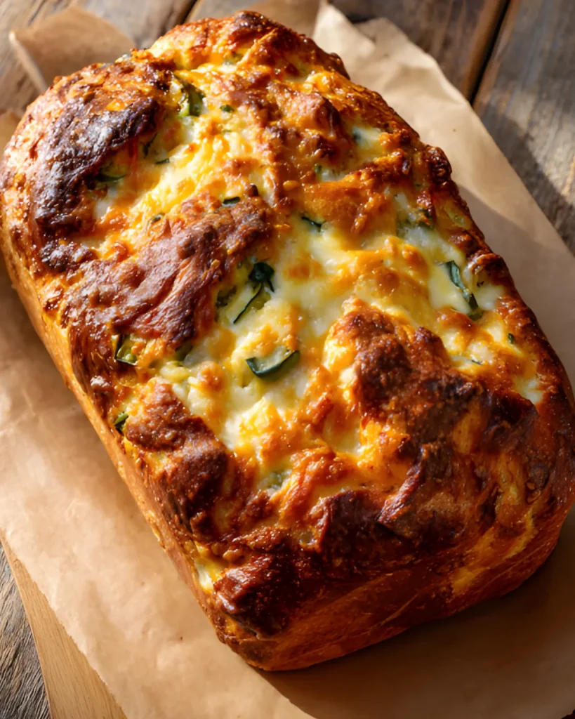 Burger bowl recipe inspired cheesy garlic bread loaf with melted cheese and herbs on a rustic wooden table