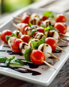 Caprese Skewers Recipe with cherry tomatoes mozzarella balls and fresh basil drizzled with balsamic glaze