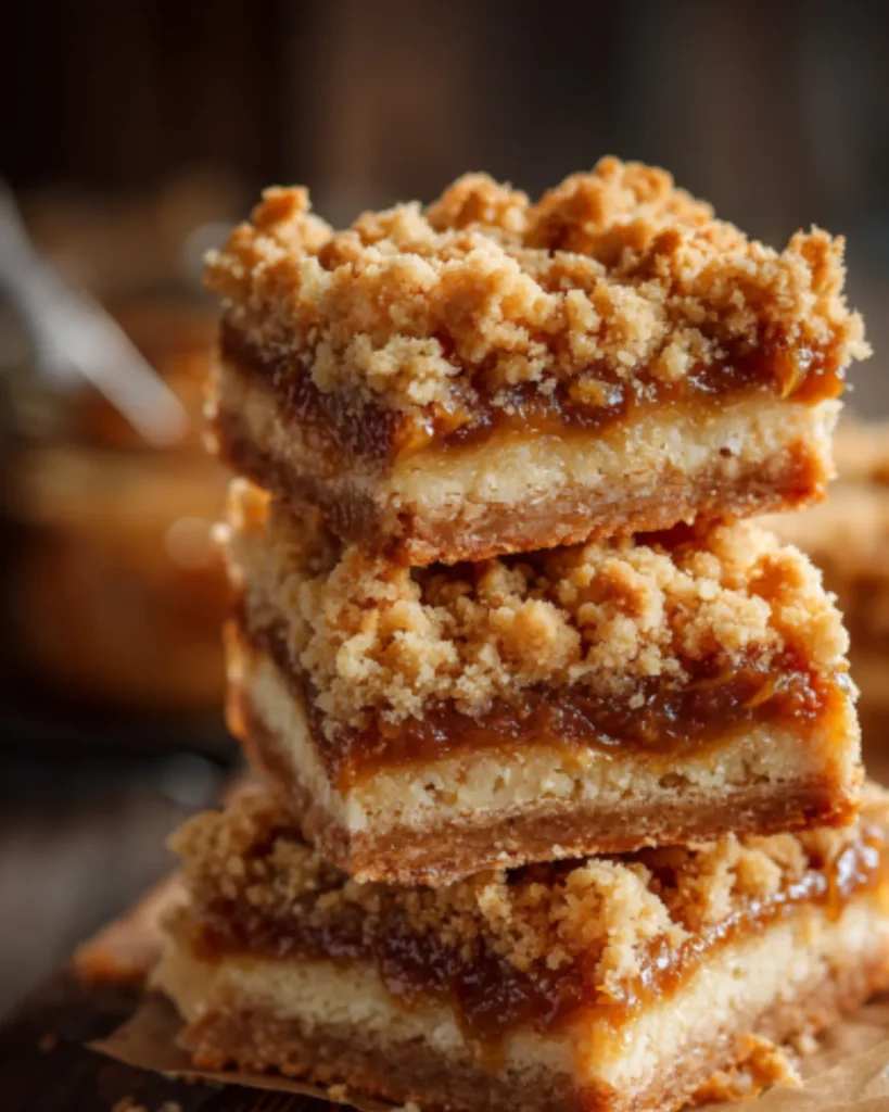 Stacked caramel crumb bars with buttery crust and gooey caramel filling topped with crumbly streusel
