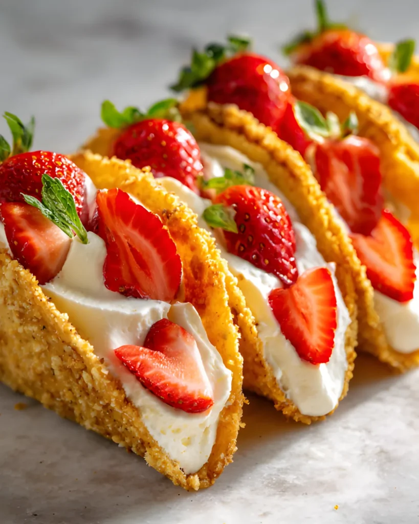 Cheesecake Tacos filled with creamy cheesecake and topped with fresh strawberries and mint