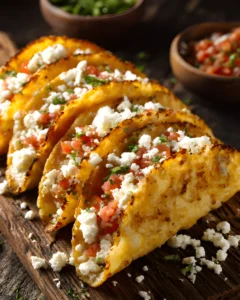Cheesy Potato Tacos filled with seasoned potatoes, topped with cheese, pico de gallo, and herbs