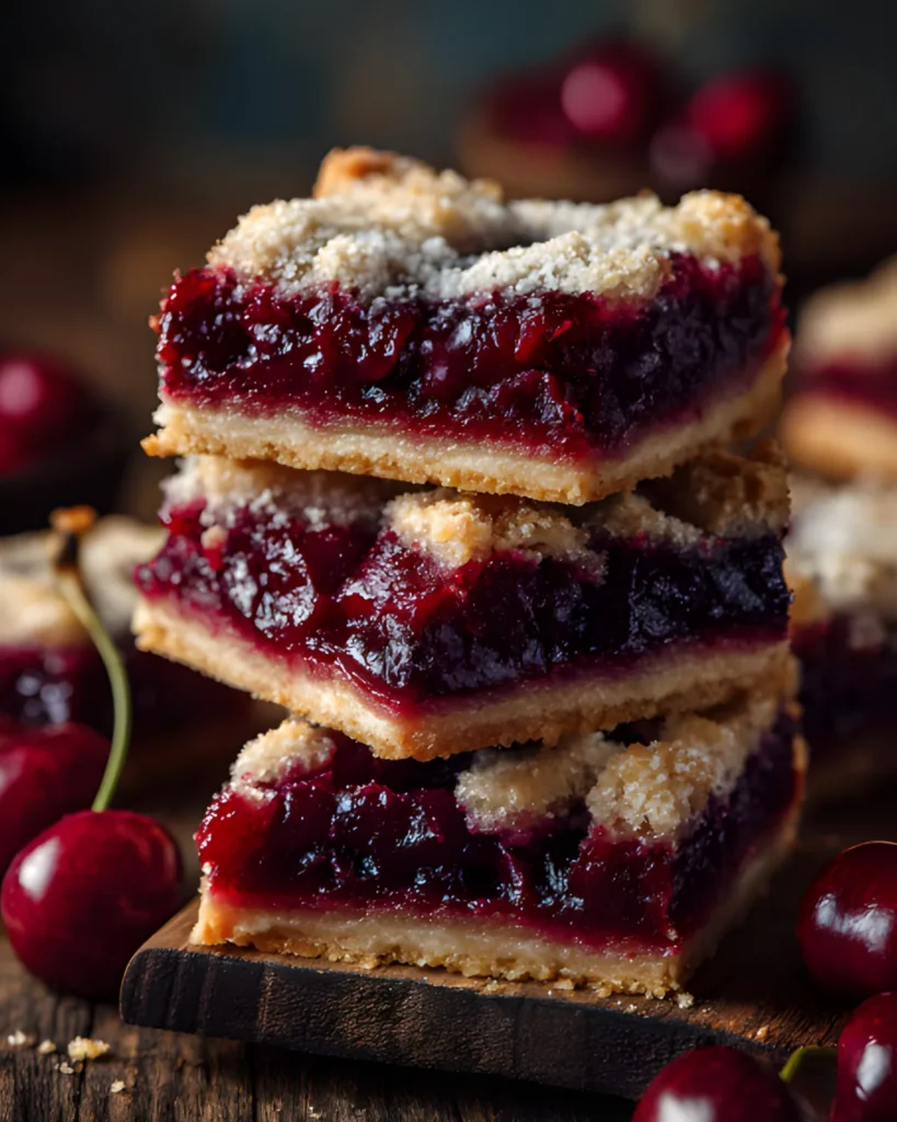 Cherry Pie Bars stacked with juicy cherry filling and crumb topping on a wooden board