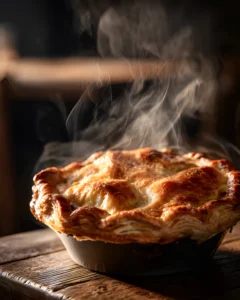 Chicken Pot Pie Recipe with a golden flaky crust fresh out of the oven with steam rising