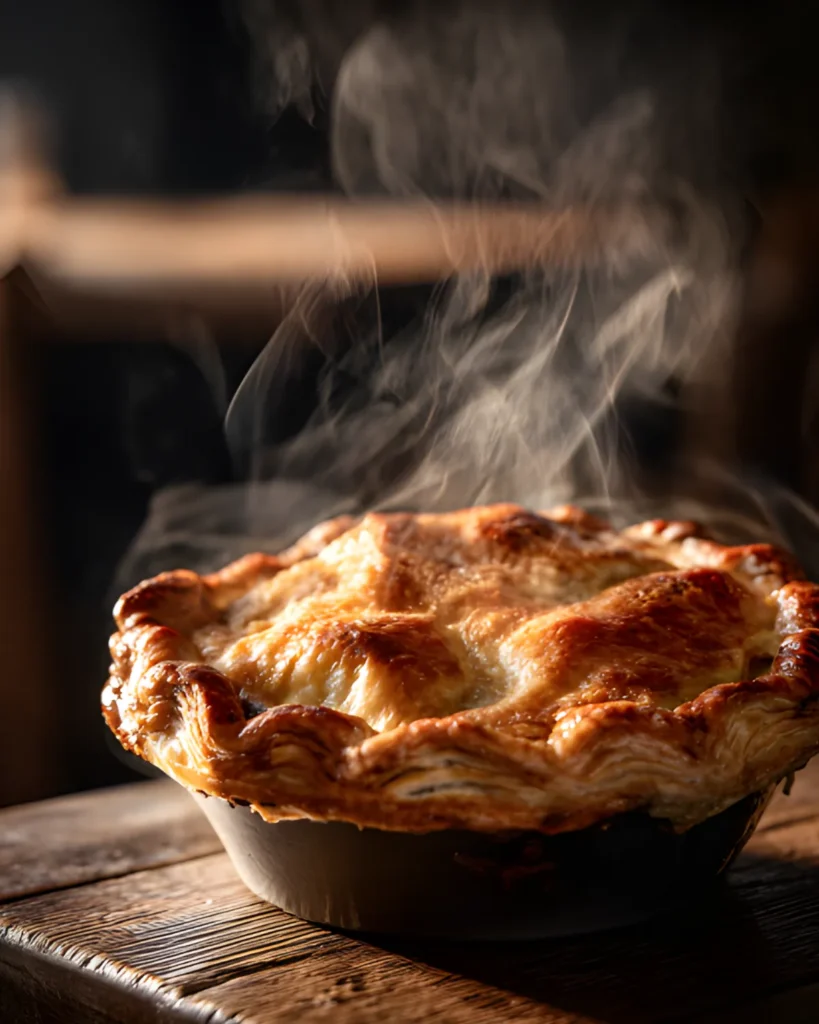 Chicken Pot Pie Recipe with a golden flaky crust fresh out of the oven with steam rising