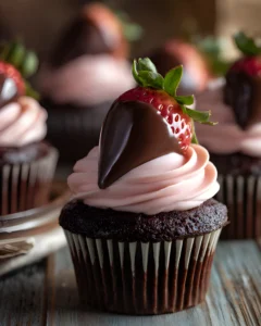 Chocolate Covered Strawberry Cupcakes topped with pink frosting and a chocolate dipped strawberry