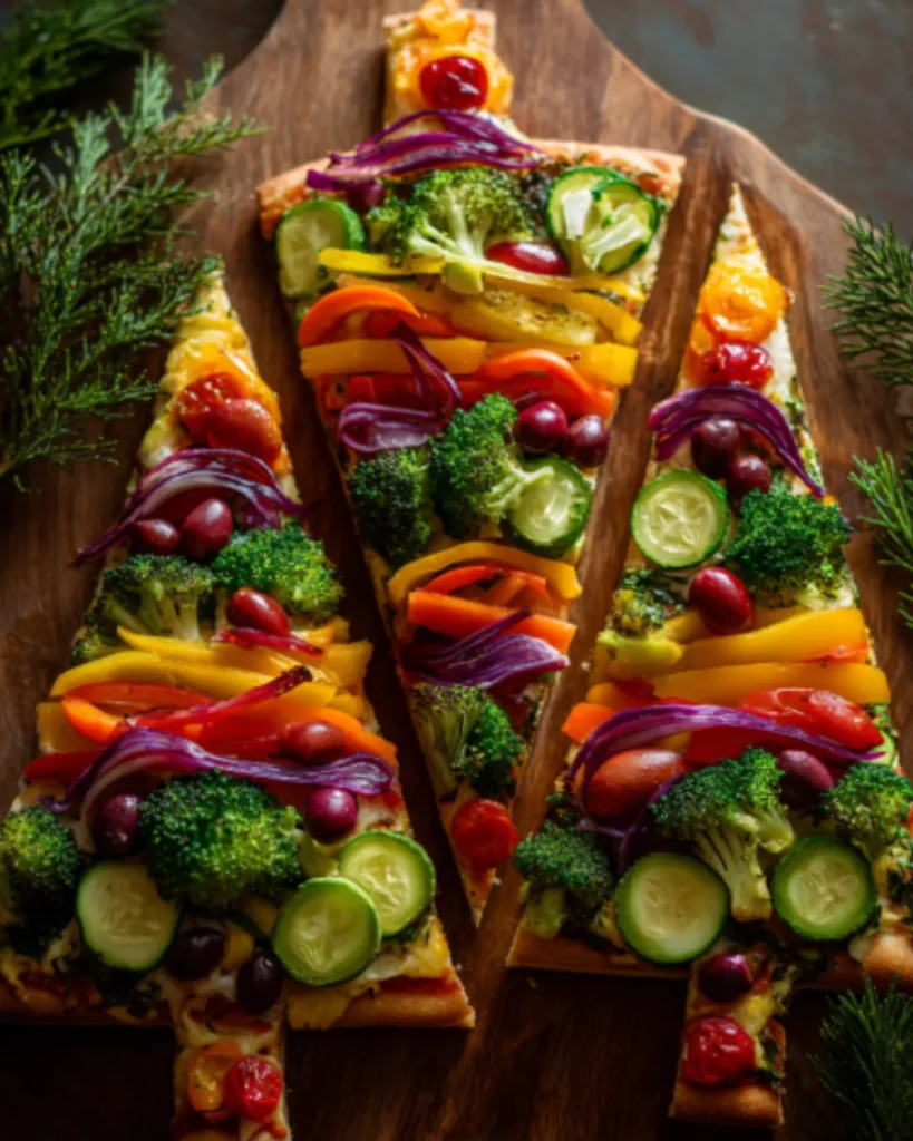 Christmas Veggie Pizza topped with broccoli, bell peppers, red onions, cucumbers, and festive holiday garnishes on a wooden board