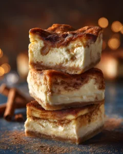 Churro Cheesecake recipe with creamy cheesecake layers and cinnamon sugar topping stacked into bars