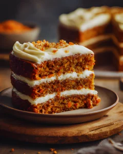 Classic Moist Carrot Cake slice with cream cheese frosting and layered texture