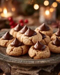 Classic Peanut Butter Blossoms cookies topped with chocolate kisses on a rustic serving tray with warm holiday lighting