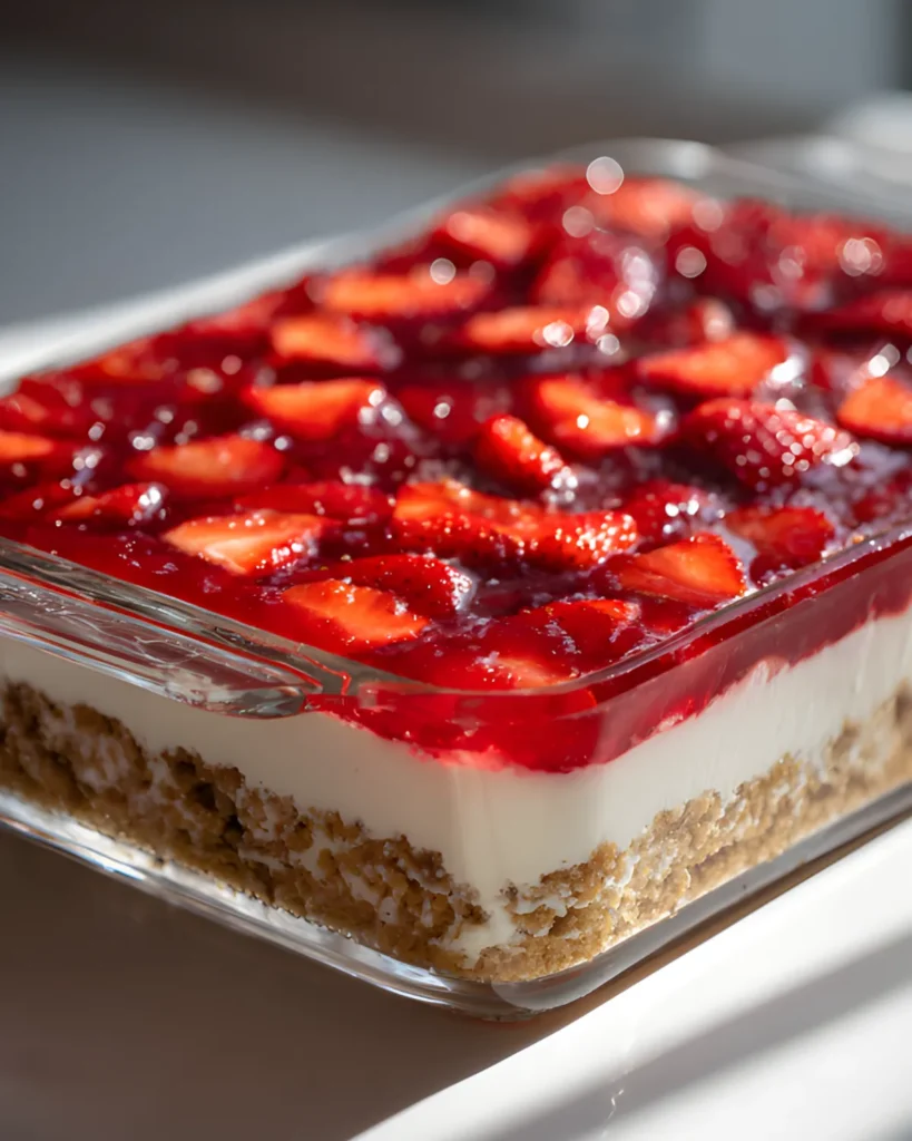 Classic Strawberry Pretzel Salad layered dessert with pretzel crust creamy filling and strawberry topping
