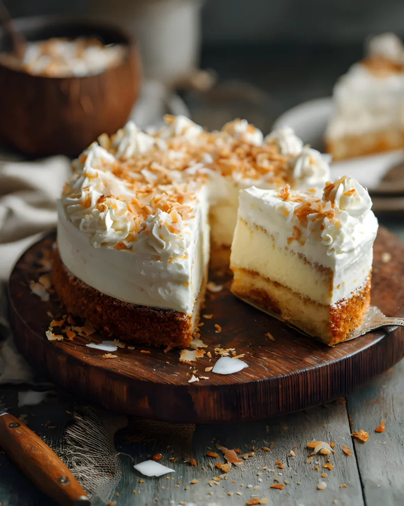 Coconut Cream Cake with fluffy frosting and toasted coconut flakes on a layered slice