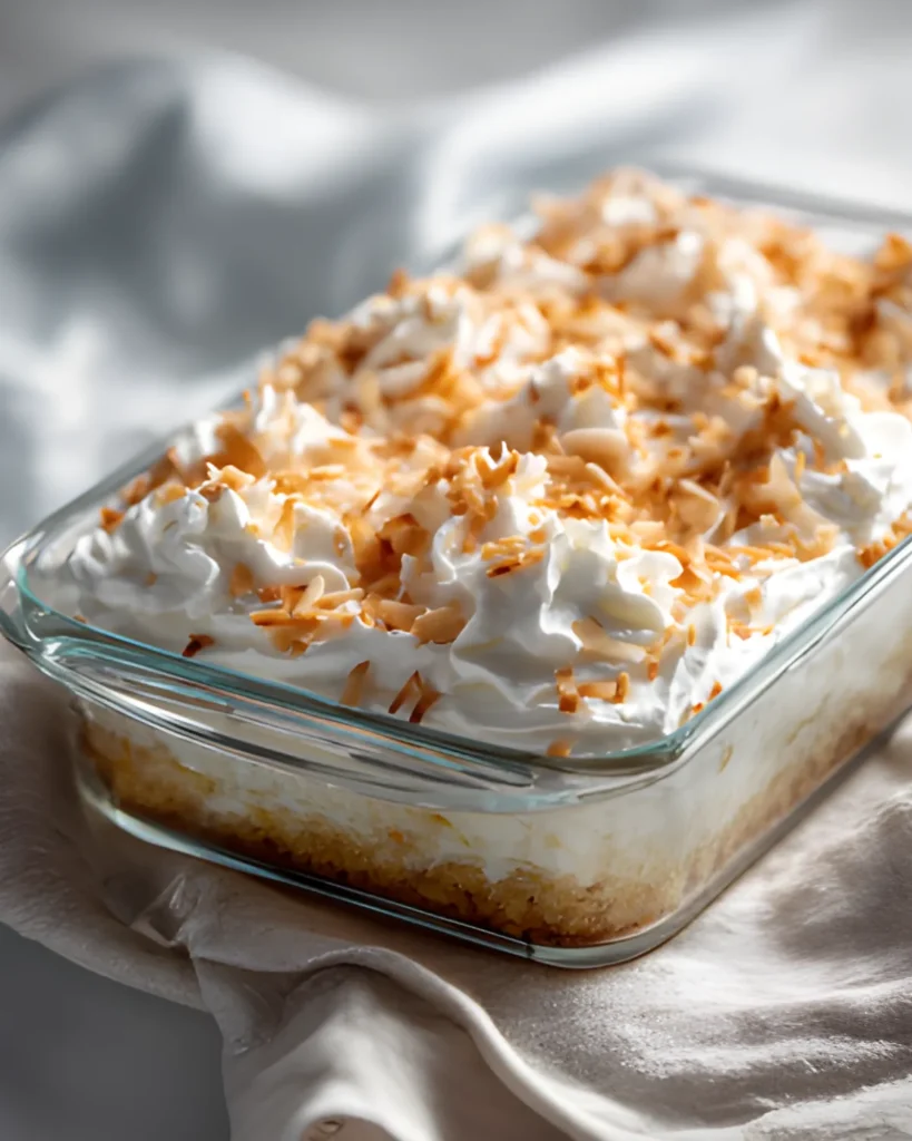 Coconut Poke Cake topped with whipped cream and toasted coconut flakes in a glass baking dish