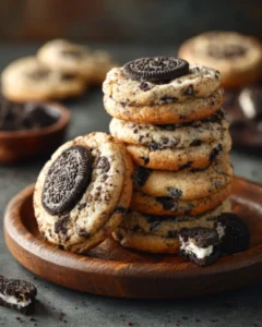 Soft and chewy Cookies and Cream Cookies loaded with crushed chocolate sandwich cookies and topped with mini Oreos