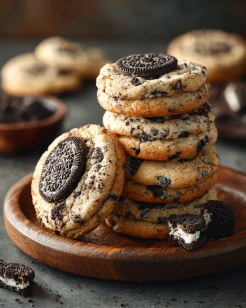 Soft and chewy Cookies and Cream Cookies loaded with crushed chocolate sandwich cookies and topped with mini Oreos