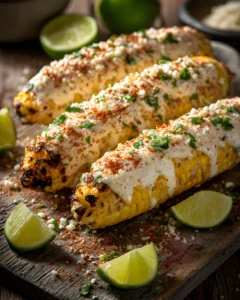 Corn On The Cob Mexican Style Recipe with grilled corn topped with creamy sauce, cheese, chili powder, and lime wedges