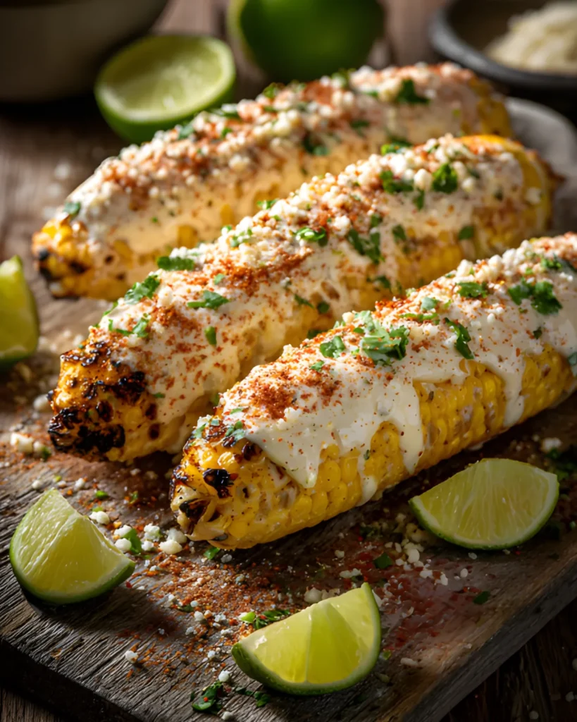 Corn On The Cob Mexican Style Recipe with grilled corn topped with creamy sauce, cheese, chili powder, and lime wedges