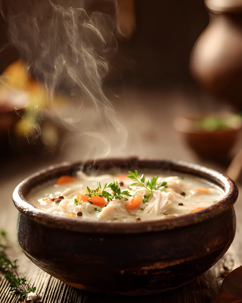 Creamy Chicken Soup Recipe served hot in a rustic bowl with shredded chicken, carrots, herbs, and steam rising