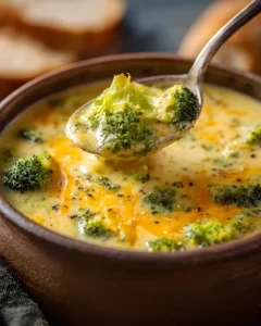 A spoonful of creamy copycat Panera broccoli cheddar soup with melted cheese and broccoli in a rustic bowl.