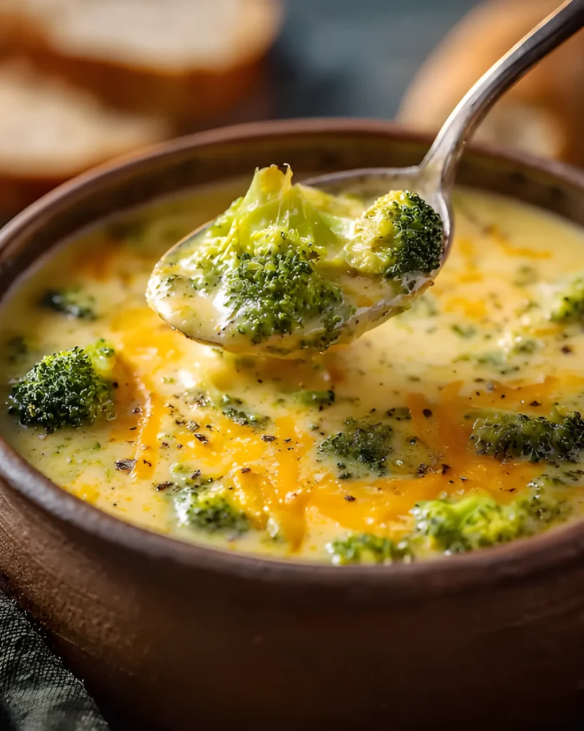 A spoonful of creamy copycat Panera broccoli cheddar soup with melted cheese and broccoli in a rustic bowl.