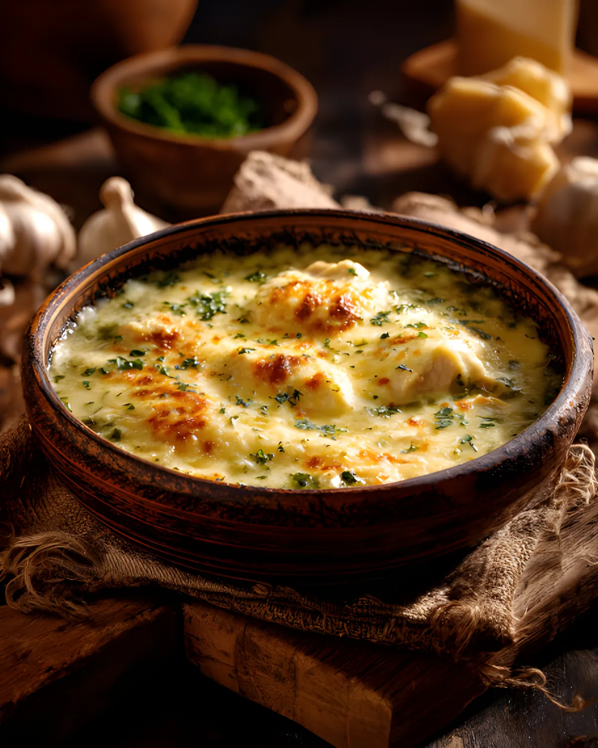 Creamy Green Enchiladas Chicken Soup with melted cheese, herbs, and tender chicken