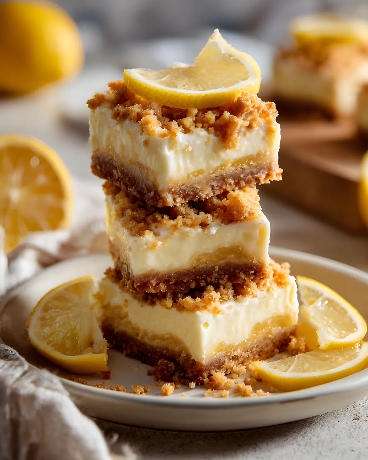 Creamy Lemon Cheesecake Crumb Bars stacked with crumb topping and fresh lemon slices on a plate