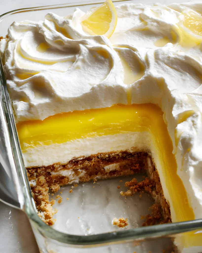 Creamy Lemon Lush in a glass dish with smooth lemon layers and piped whipped topping on top.