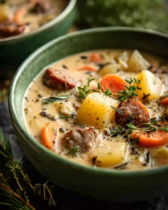 A bowl of creamy potato and sausage chowder with tender potatoes, carrots, sausage, and fresh thyme, served in a rustic green bowl.