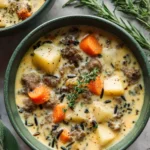 Two bowls of creamy potato and sausage chowder with tender potatoes, sausage, carrots, and fresh thyme, served with rosemary and sage.