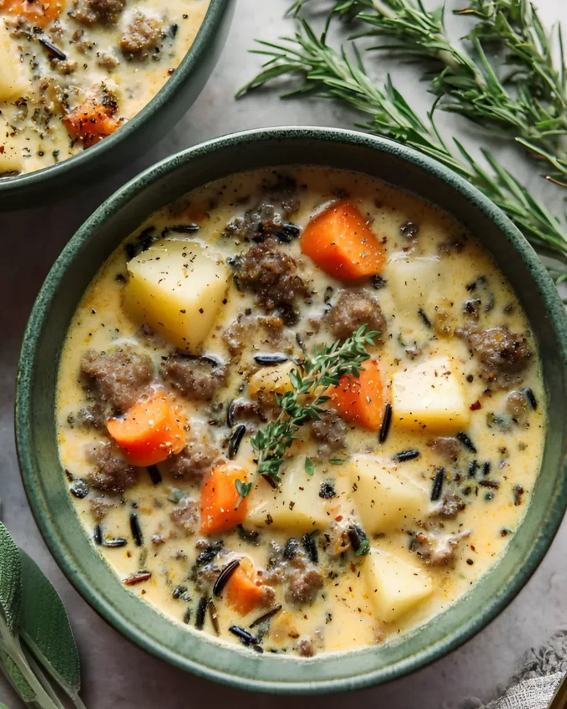 Two bowls of creamy potato and sausage chowder with tender potatoes, sausage, carrots, and fresh thyme, served with rosemary and sage.