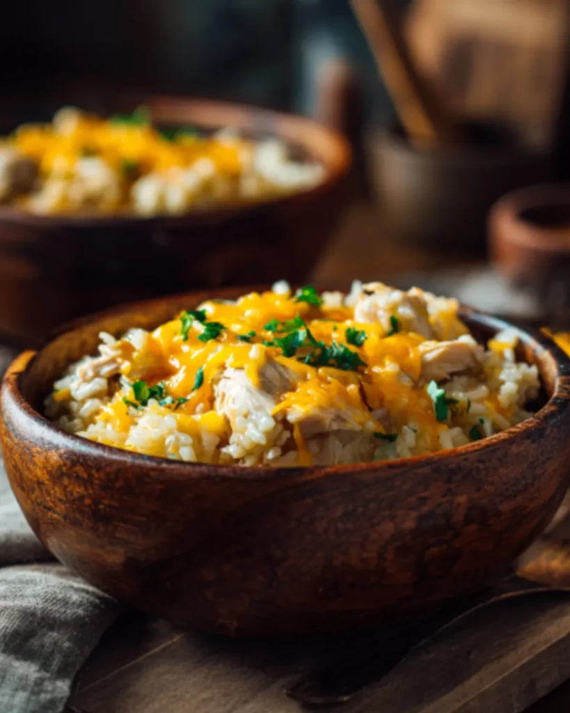 Crock Pot Chicken and Rice Recipe with shredded chicken, creamy cheese sauce, and fluffy rice in a rustic wooden bowl
