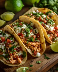 Crockpot Salsa Chicken For Tacos served in soft tortillas with shredded chicken, fresh cilantro, diced tomatoes, and crumbled cheese