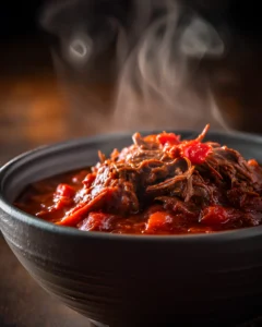 Crowd-Pleasing Chuck Roast Chili served hot with tender shredded beef, tomatoes, and rich spicy sauce in a rustic bowl