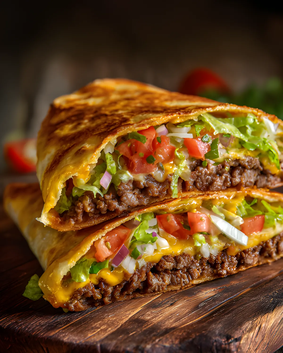 Crunch Wrap Supreme Recipe filled with seasoned beef, cheese, lettuce, tomatoes, and sauce in a grilled wrap