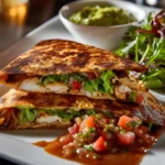 Crunch Wrap Supreme Recipe grilled wrap filled with chicken, fresh vegetables, and sauce served with salsa