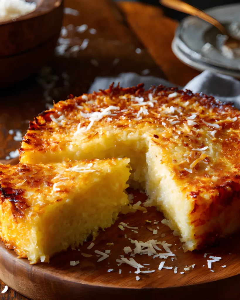 Crustless Coconut Pie Recipe with a golden crispy top and moist coconut filling sliced on a wooden board