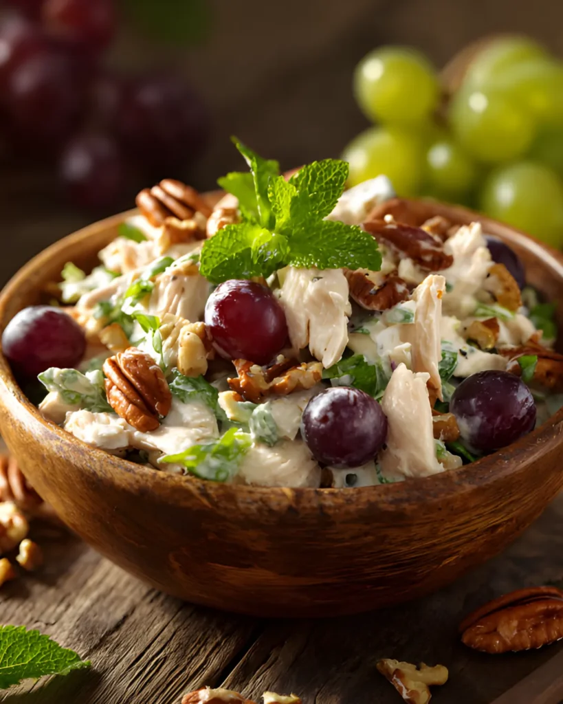 Delicious Grilled Chicken Caesar Pasta served in a wooden bowl with grapes, pecans, fresh herbs, and creamy dressing