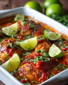 Dump and Bake Salsa Chicken baked in a casserole dish with lime wedges and fresh cilantro garnis